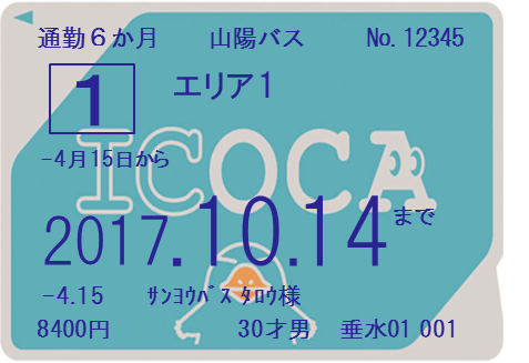 エリア1定期券（IC定期券）の券面見本