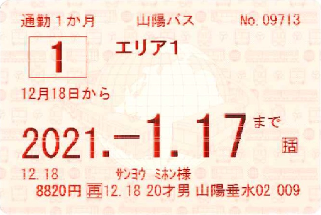 エリア1定期券（一括定期券）の券面見本